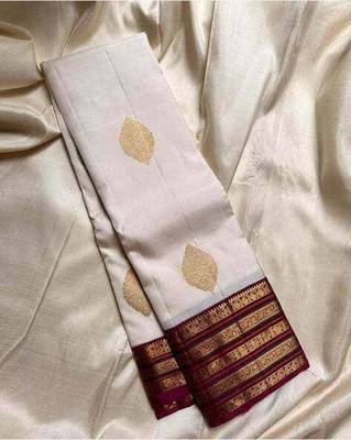 Off white purple silk blend jacuard work festival saree with unstitched blouse piece 2