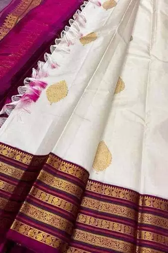 Off white purple silk blend jacuard work festival saree with unstitched blouse piece