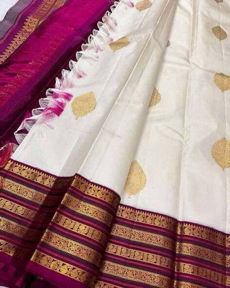 Off white purple silk blend jacuard work festival saree with unstitched blouse piece