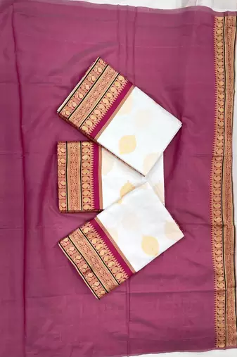 Off white purple silk blend jacuard work festival saree with unstitched blouse piece
