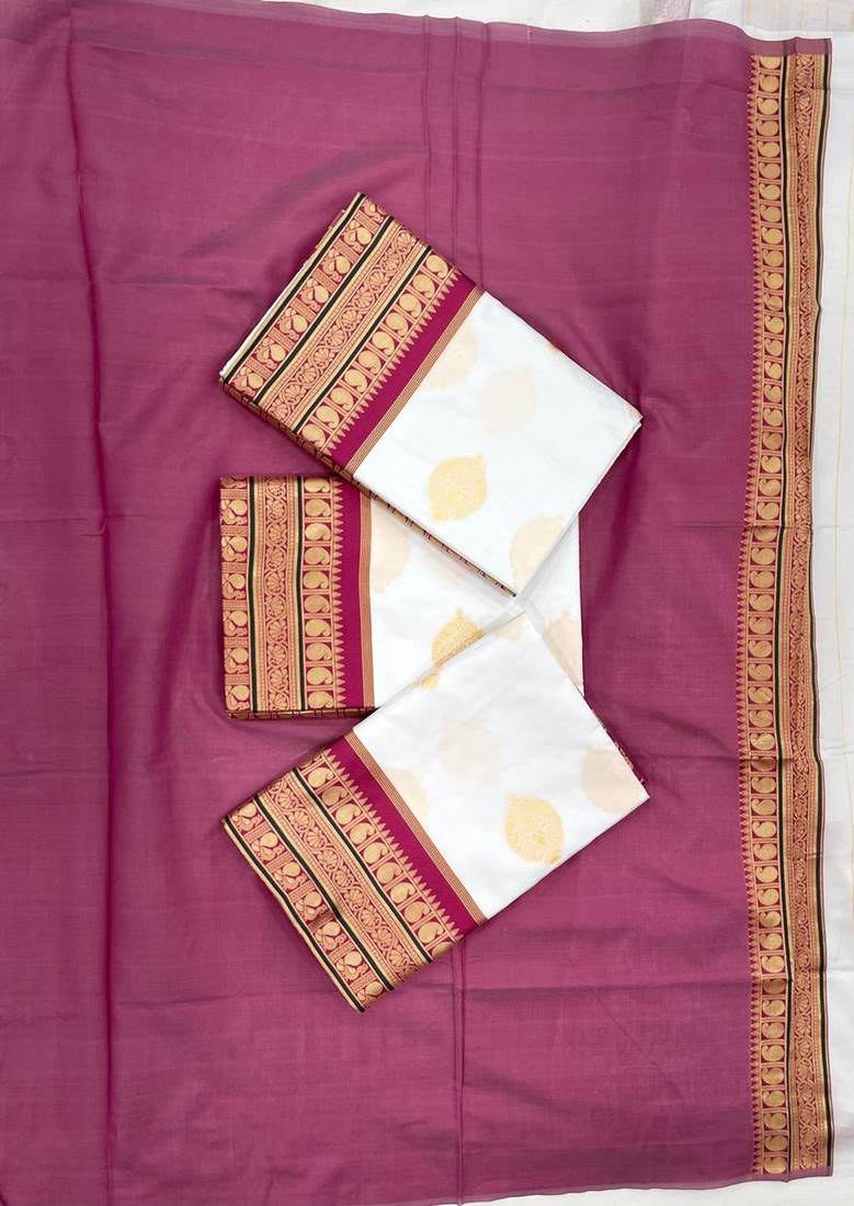 Off white purple silk blend jacuard work festival saree with unstitched blouse piece