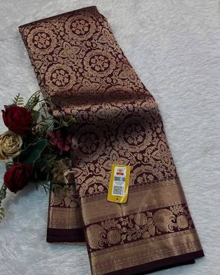 Maroon silk blend jacuard work festival saree with unstitched blouse piece 1