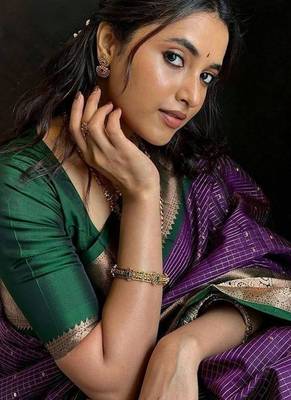 Purple green silk blend jacuard work festival saree with unstitched blouse piece 3