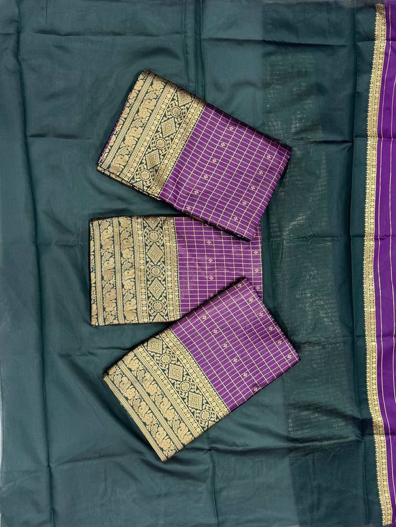 Purple green silk blend jacuard work festival saree with unstitched blouse piece