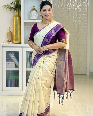 Off white purple silk blend jacuard work festival saree with unstitched blouse piece 1