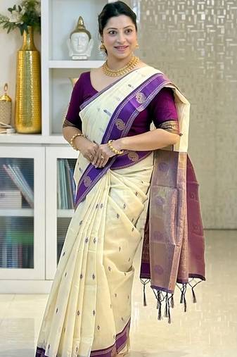Off white purple silk blend jacuard work festival saree with unstitched blouse piece