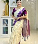 Off white purple silk blend jacuard work festival saree with unstitched blouse piece