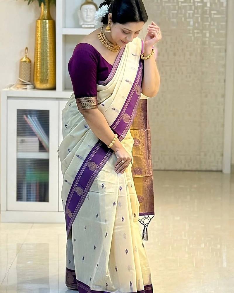 Off white purple silk blend jacuard work festival saree with unstitched blouse piece
