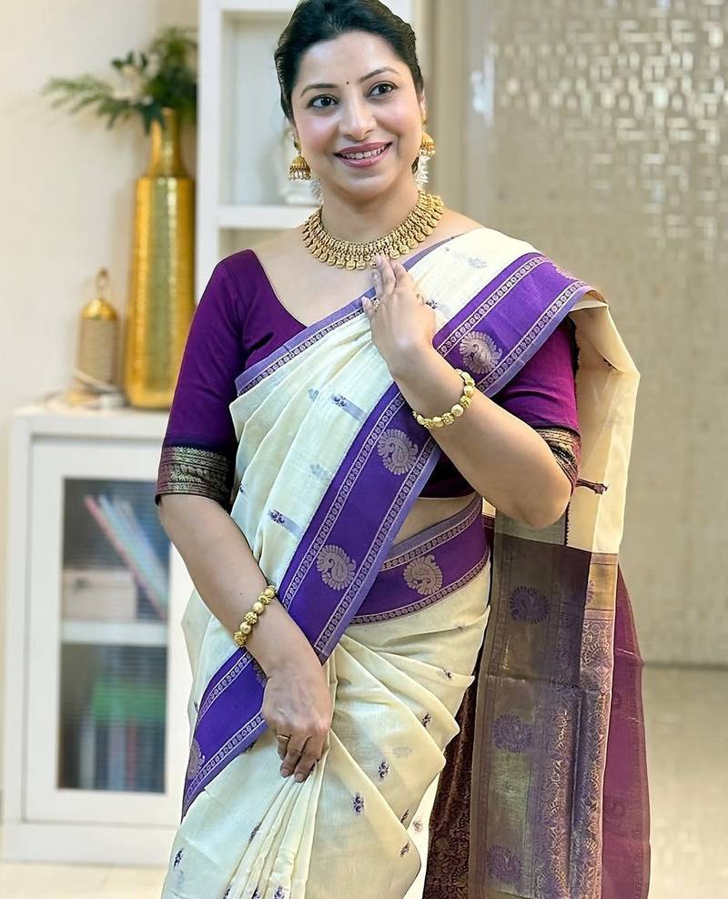Off white purple silk blend jacuard work festival saree with unstitched blouse piece