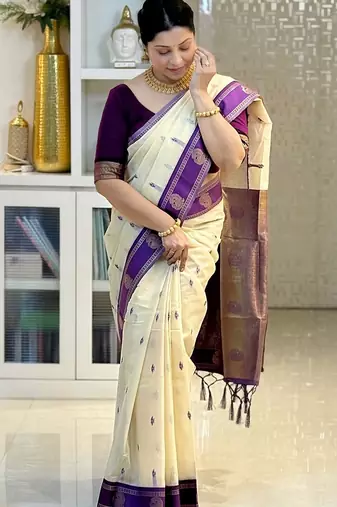 Off white purple silk blend jacuard work festival saree with unstitched blouse piece