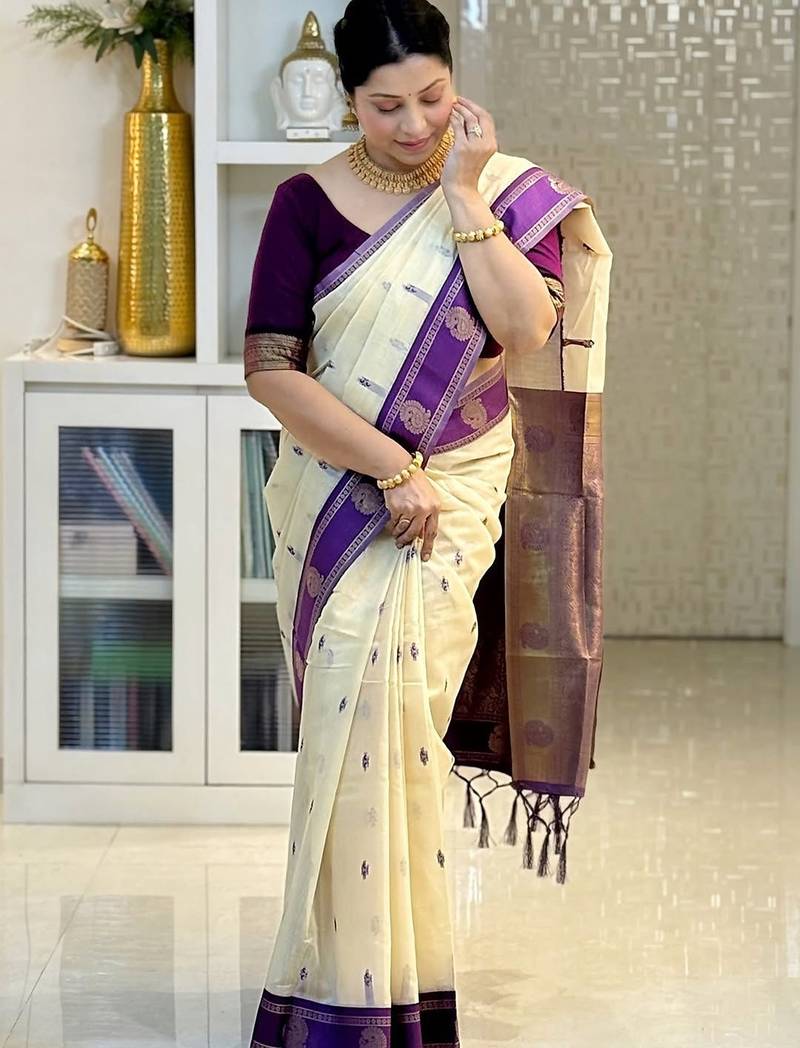 Off white purple silk blend jacuard work festival saree with unstitched blouse piece
