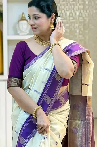 Off white purple silk blend jacuard work festival saree with unstitched blouse piece
