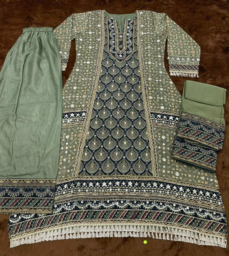 Pista crepe readymade suit with embroidery & aari work