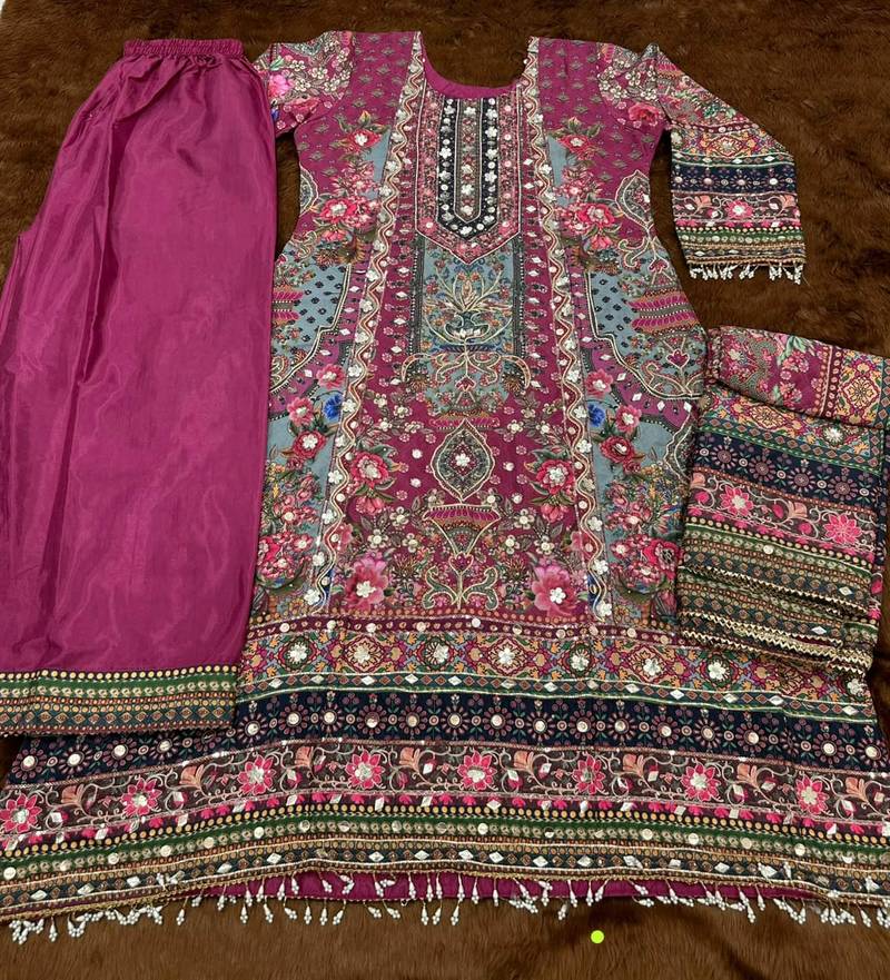 Purple crepe readymade suit with embroidery & aari work