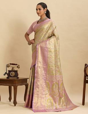 lavender embroidery with zari work silk blend saree with blouse 2