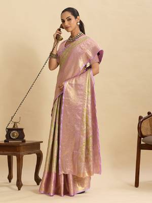lavender embroidery with zari work silk blend saree with blouse 3