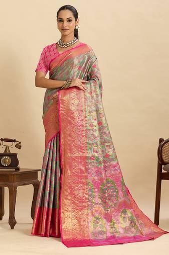 pink embroidery with zari work silk blend saree with blouse