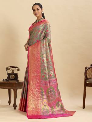 pink embroidery with zari work silk blend saree with blouse 2