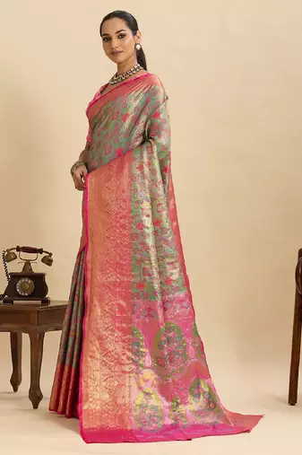 pink embroidery with zari work silk blend saree with blouse