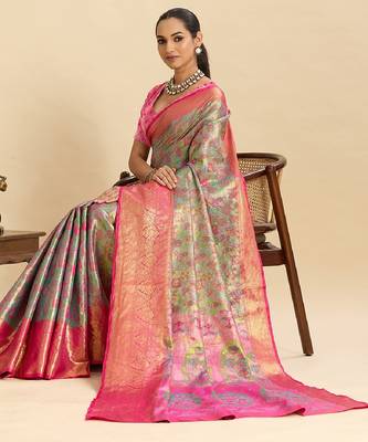 pink embroidery with zari work silk blend saree with blouse 3