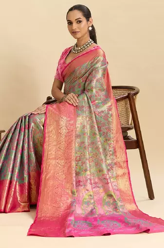 pink embroidery with zari work silk blend saree with blouse
