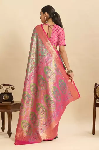 pink embroidery with zari work silk blend saree with blouse