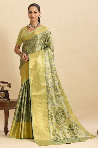 green embroidery with zari work silk blend saree with blouse