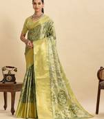 green embroidery with zari work silk blend saree with blouse