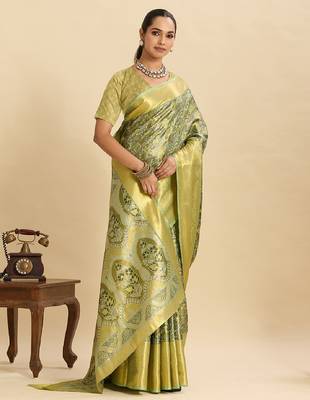 green embroidery with zari work silk blend saree with blouse 3