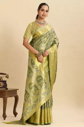 green embroidery with zari work silk blend saree with blouse