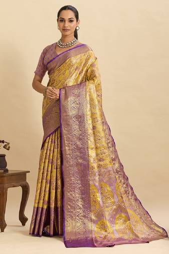 purple embroidery with zari work silk blend saree with blouse