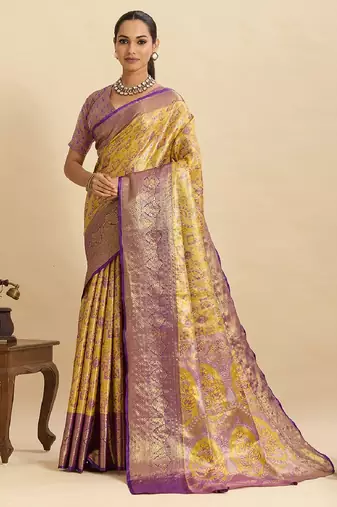 purple embroidery with zari work silk blend saree with blouse