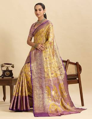 purple embroidery with zari work silk blend saree with blouse 3