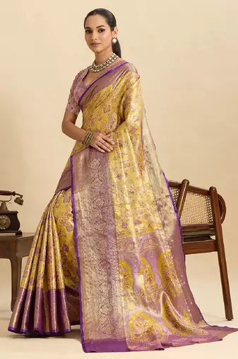 purple embroidery with zari work silk blend saree with blouse