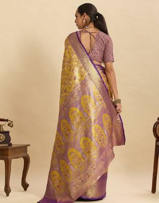 purple embroidery with zari work silk blend saree with blouse 4