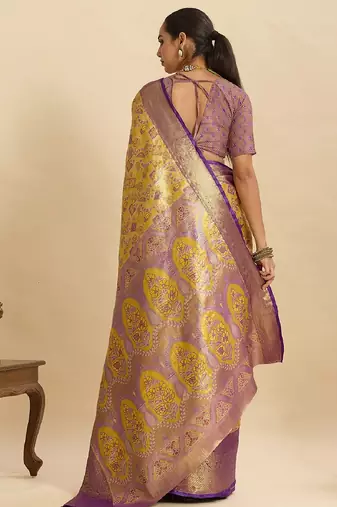purple embroidery with zari work silk blend saree with blouse