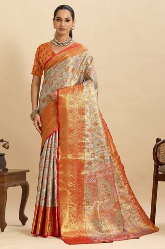 red embroidery with zari work silk blend saree with blouse