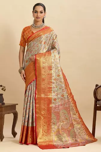 red embroidery with zari work silk blend saree with blouse