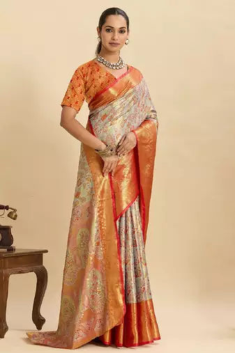 red embroidery with zari work silk blend saree with blouse