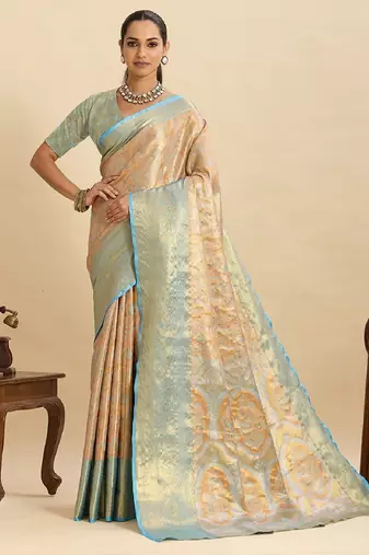 sky blue embroidery with zari work silk blend saree with blouse
