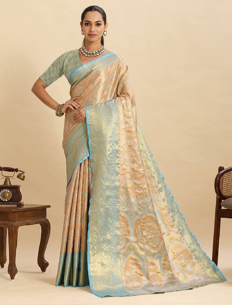 sky blue embroidery with zari work silk blend saree with blouse