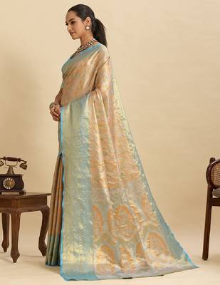 sky blue embroidery with zari work silk blend saree with blouse 2