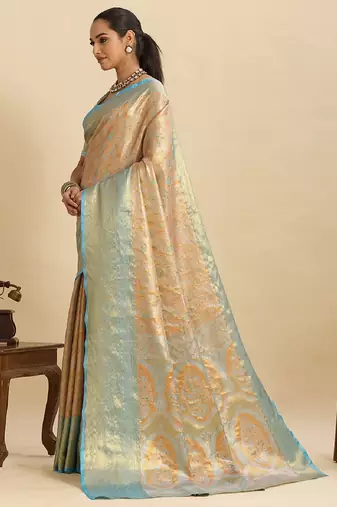 sky blue embroidery with zari work silk blend saree with blouse