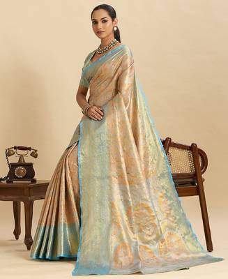 sky blue embroidery with zari work silk blend saree with blouse 3