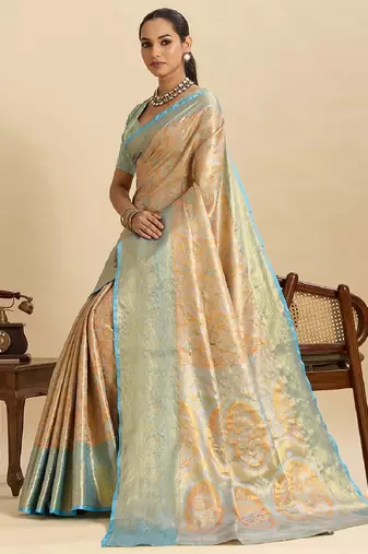 sky blue embroidery with zari work silk blend saree with blouse