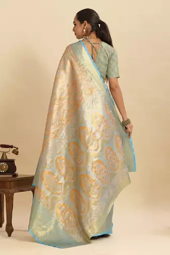 sky blue embroidery with zari work silk blend saree with blouse