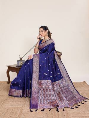 Navy blue zari work jacquard saree with blouse 1