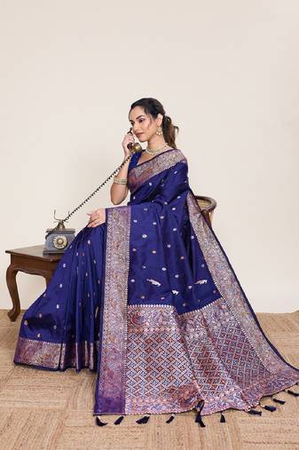 Navy blue zari work jacquard saree with blouse