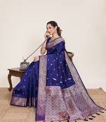 Navy blue zari work jacquard saree with blouse