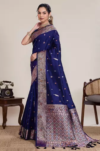 Navy blue zari work jacquard saree with blouse